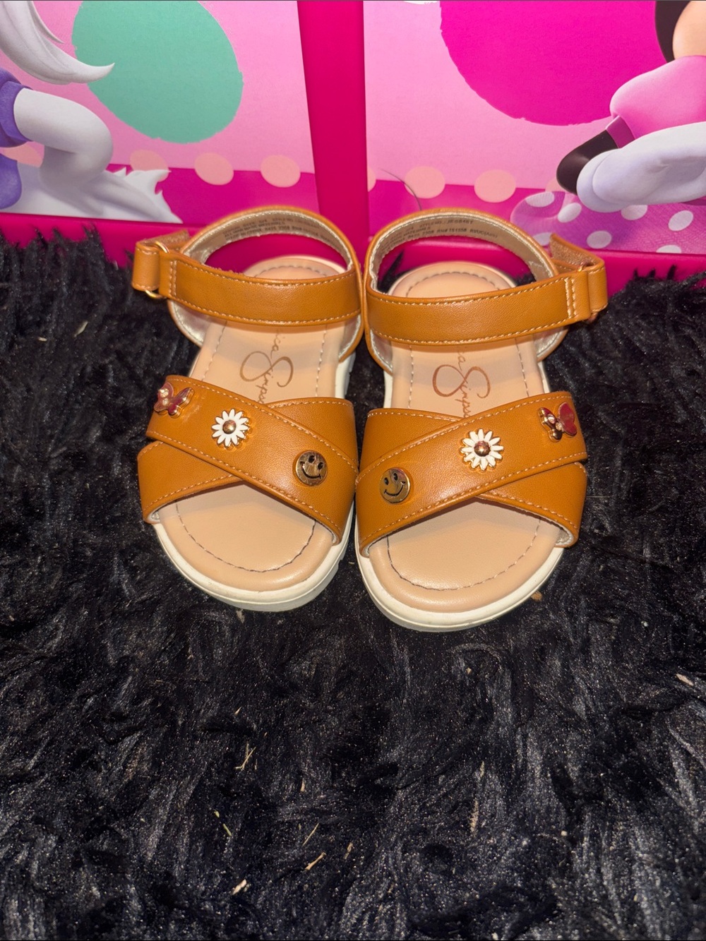 Jessica Simpson Girls Tan Brown Floral Smiley Sandals